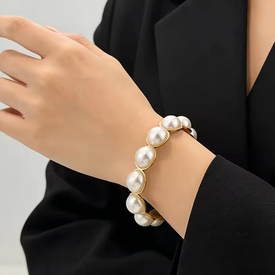 Bracciale alla moda in acciaio inossidabile, acciaio al titanio e perla, braccialetto di fascia alta