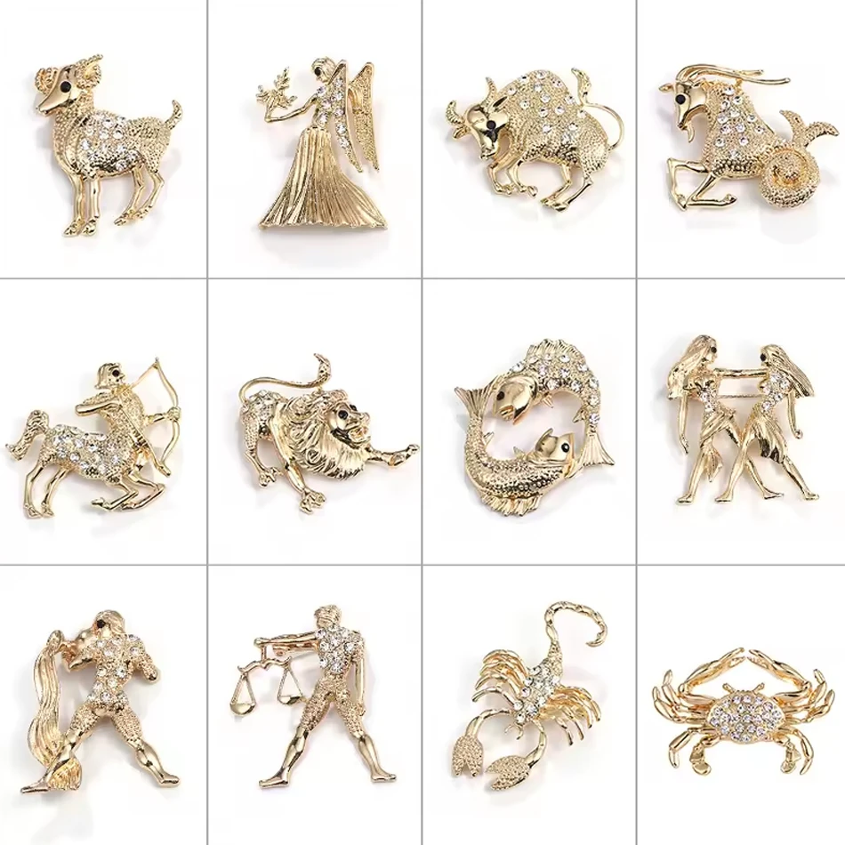 Gioielli da donna personalizzati OEM 12 Zodiaco Spille con cristalli impreziositi da animali e zirco