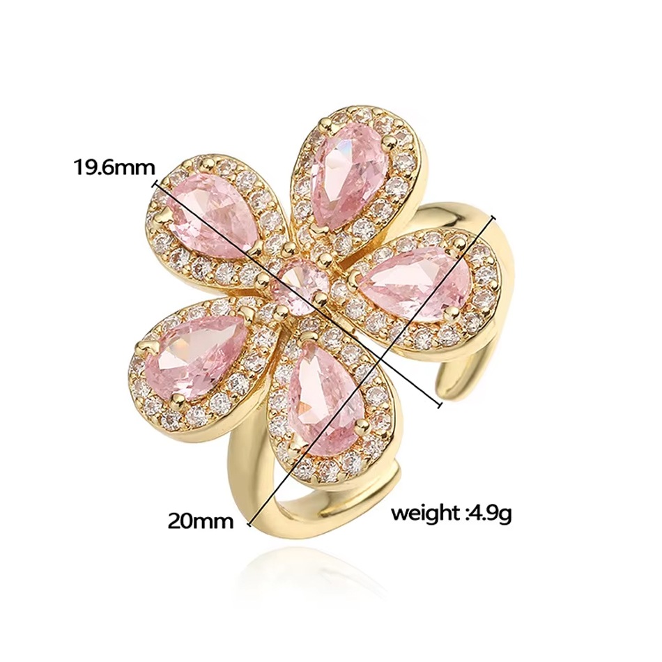 Gioielli personalizzati OEM Anello floreale in ottone CZ con zirconi colorati di alta qualità Anelli regolabili placcati oro 18 carati per gioielli da donna