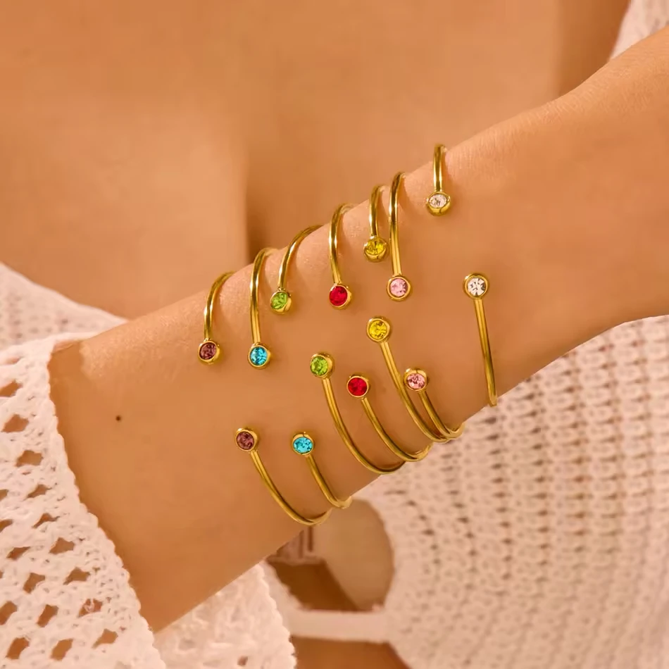 OEM braccialetto personalizzato colorato zircone aperto polsino rigido gioielli in acciaio inossidab