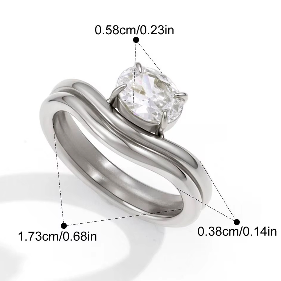 Anello a onda a doppio strato in acciaio inossidabile con gioielli personalizzati OEM per gioielli classici da donna ovale bianco zircone elegante per la festa nuziale