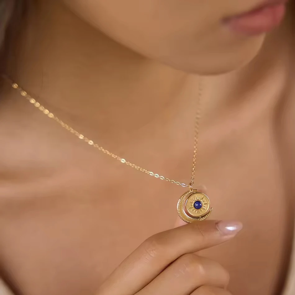 Gioielleria personalizzata OEM all'ingrosso Collana Sun Moon in acciaio inossidabile con lapislazzul