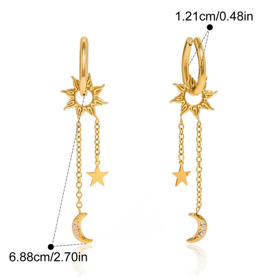 Fornitore di gioielli all'ingrosso di gioielli personalizzati OEM in acciaio inossidabile oro 18 carati orecchini con strass Sun Star Moon nappa orecchini
