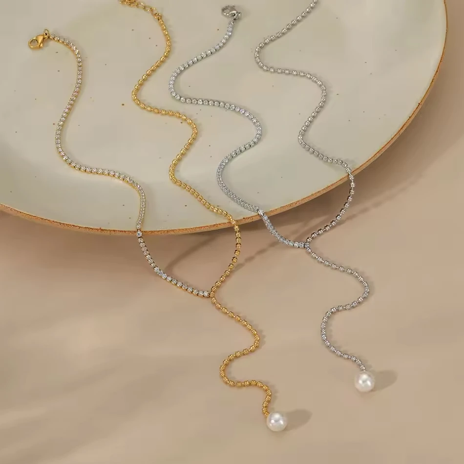 Collana a catena a Y in acciaio inossidabile di gioielleria personalizzata OEM con ciondolo perla zi