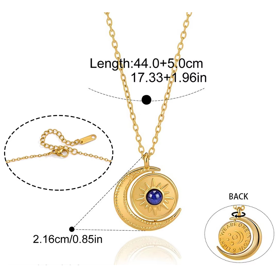 Collana di gioielli personalizzati OEM all'ingrosso in acciaio inossidabile Sun Moon Collana girevole con pendente in lapislazzuli Collana con clavicola non appannante